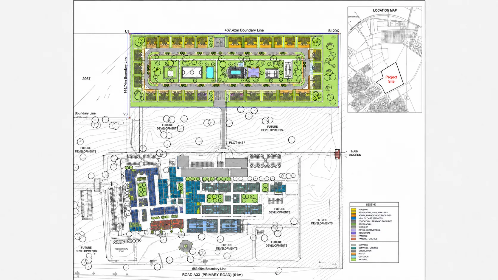 Master plan layout drawing showing housing, health, education and recreation zones
