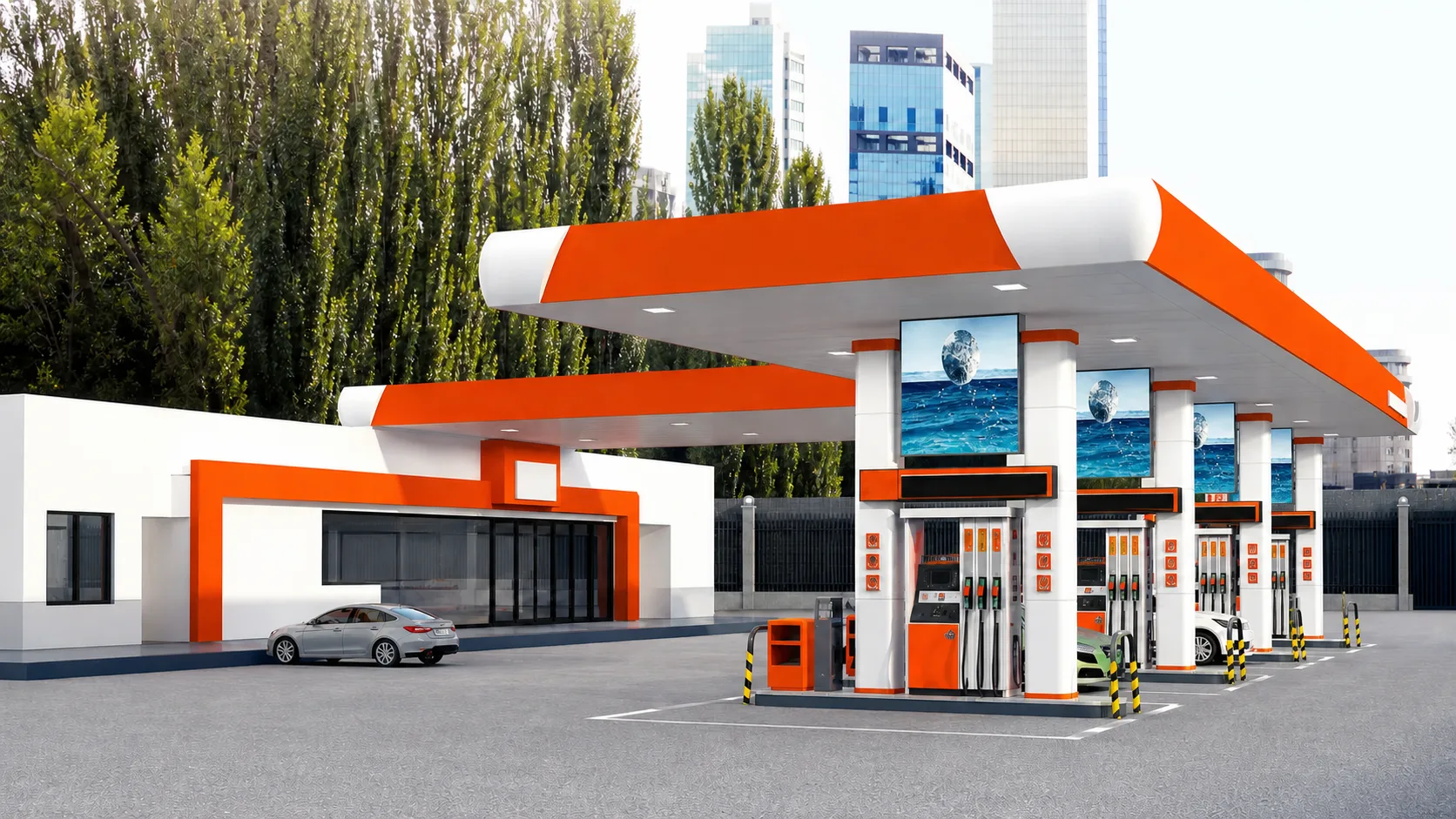 Concept rendering of a filling station forecourt with canopy and city skyline