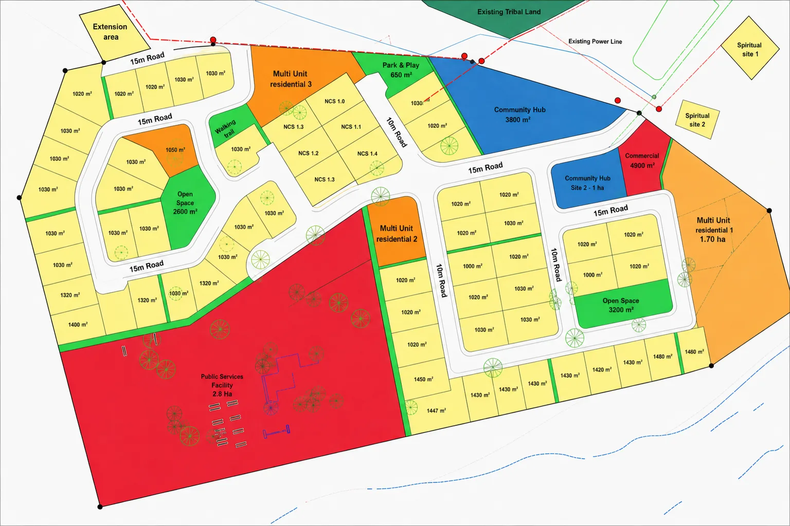 Subdivision layout drawing showing residential, commercial and community zoning