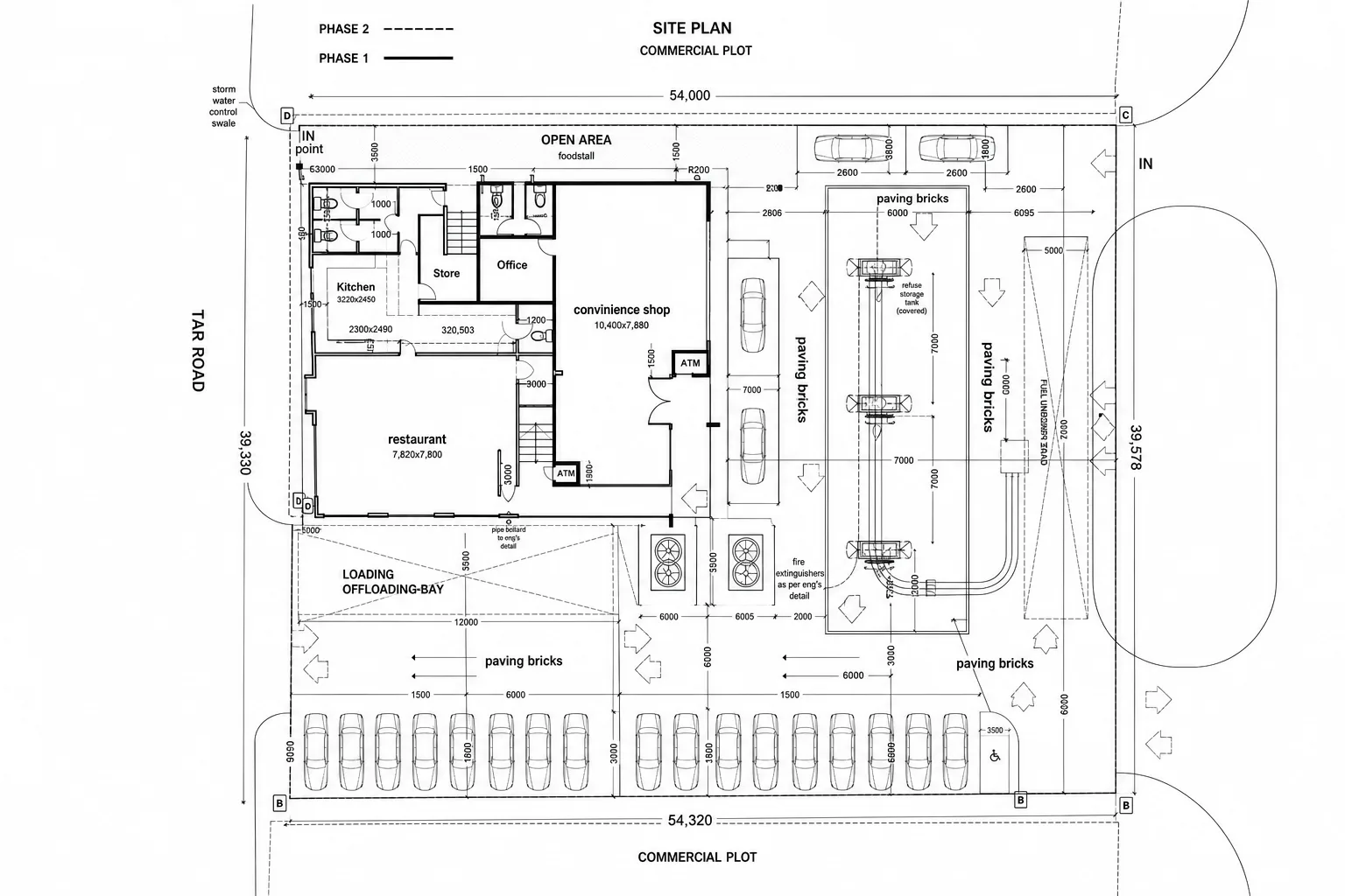 Site plan and floor layout for a commercial filling-station development